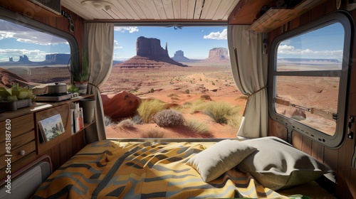 Interior view from a camper van of outside beautiful view of wild west landscape