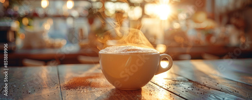 A panoramic image of a steaming cup of coffee with a frothy layer of milk, its aroma filling the air.
