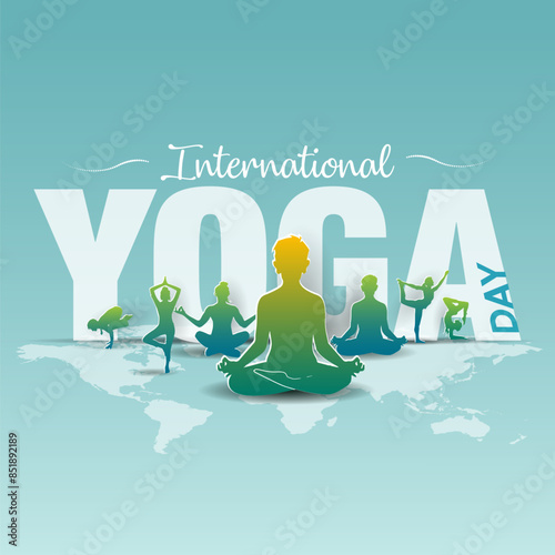Yoga Day June 21st. People practicing yoga background. Vector illustration.