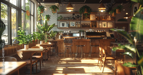 A modern vegan cafe that serves as a coffee shop during the day and transforms into an event stage at night, cozy wooden seating areas bathed in natural sunlight. Generative AI.