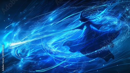 A mystical sorcerer in a flowing robe casts a powerful blue spell, surrounded by swirling energy.