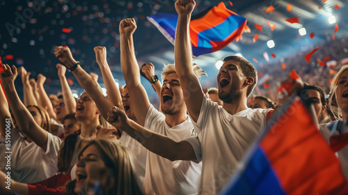 Serbia football soccer fans in a stadium supporting the national team wearing white shirt, supporting , cheering and rising Serbia national flag in european football league