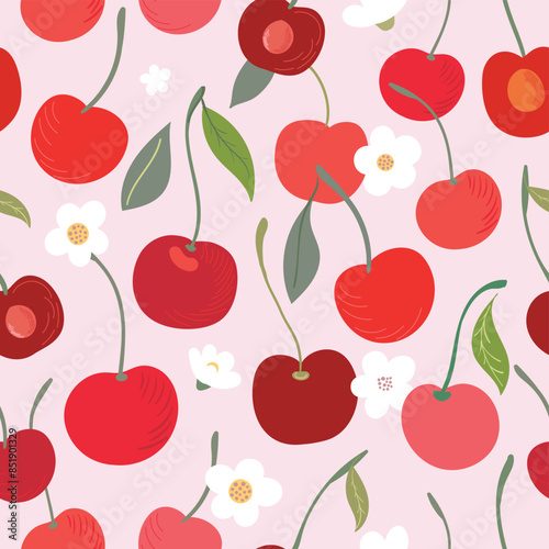 Summer seamless pattern with cherries and flowers, fresh fruits background, vector