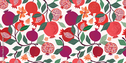 Pomegranate seamless pattern, fresh fruits background, summer wallpaper