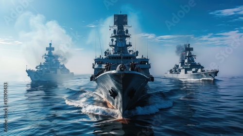 A large navy ship is in the middle of the ocean with other ships behind it