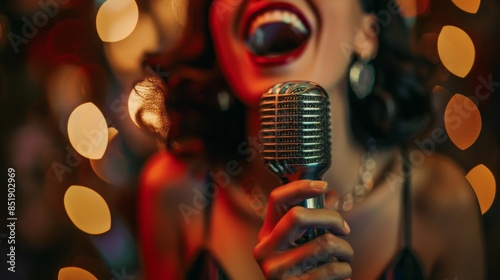 A vintage singer vocalist performs with a classic microphone