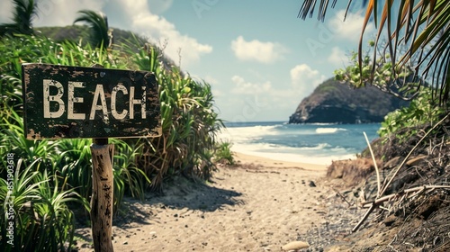 Board with beach sign and tropical sea
