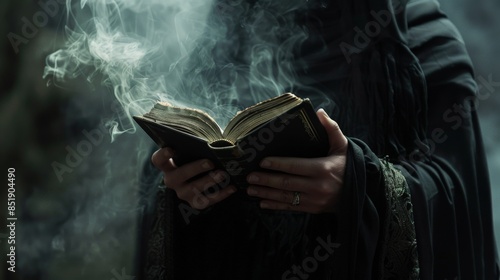 A cloaked figure conjures magic from a book