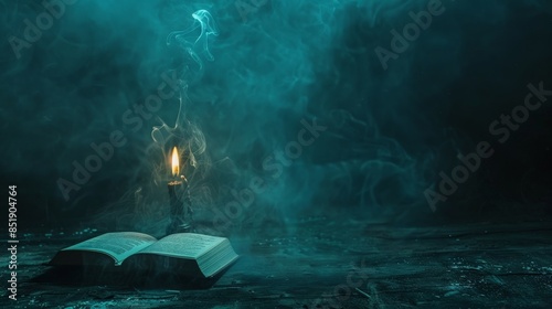 Open book and burning candle on a dark wooden table