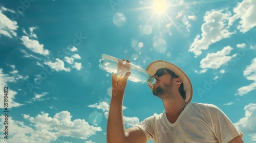 People drink bottle water with glowing hot sun in sky in summer