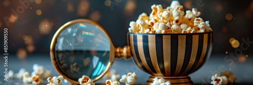  A magnifying glass over popcorn on a white background, in the minimalist style with a simple composition and high resolution photography. Empty space in the middle of the picture for potential produc