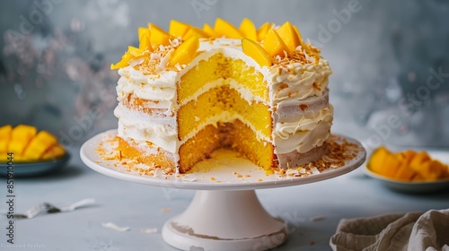 Decadent Mango and Coconut Layer Cake with Fresh Mango Slices on Frosted White Cake Stand