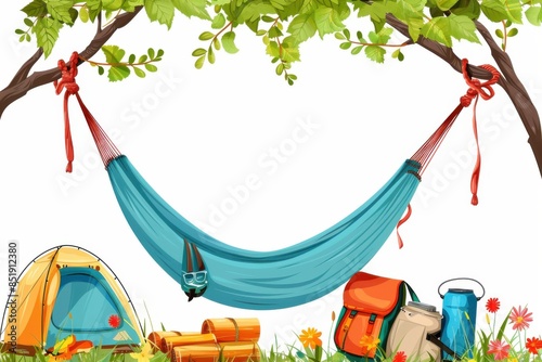 Border design with a hammock and camping gear, isolated on a white background