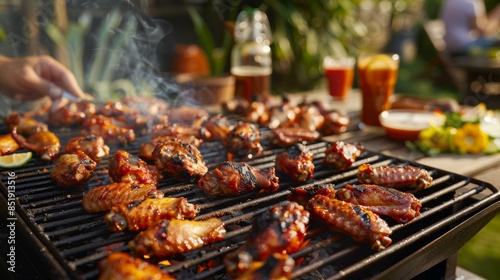 Lively Backyard Barbecue with Friends Grilling Chicken Wings and Enjoying Drinks