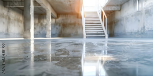 Enhanced basement floor waterproofing showcased with staircase in the background. Concept Basement Waterproofing, Staircase Design, Home Improvement, Interior Renovation