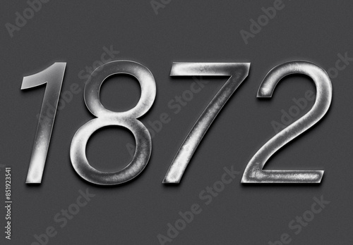 Chrome metal 3D number design of 1872 on grey background.