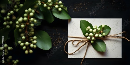 Mistletoe Plant Adorning Greeting Card with a Happy New Year Message. Concept Mistletoe Plant, Greeting Card, Happy New Year, Festive Design, Holiday Message