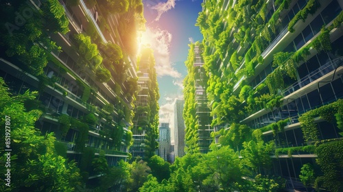 Splendid environmental awareness city with vertical forest concept of metropolis covered with green plants
