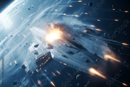 Futuristic space battle scene with spacecrafts and explosions, showcasing intense action in the vast expanse of outer space.