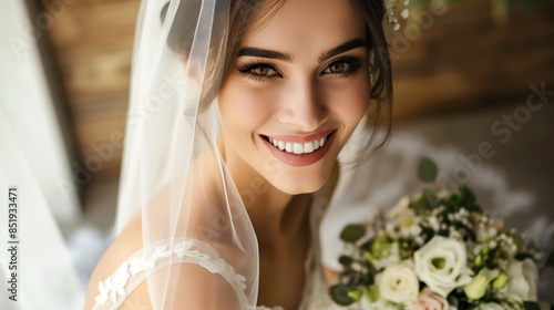 Portrait of a bride on her wedding day, smiling radiantly. She wears a white dress and veil, and holds a bouquet of flowers