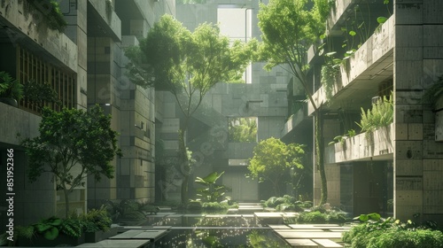 A courtyard's green symphony, playing amidst the city's concrete opus. 