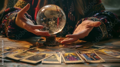 Hand of fortune teller and crystal ball