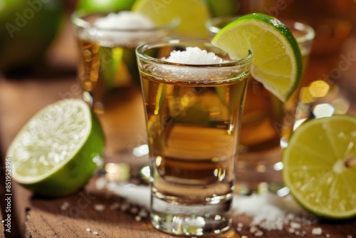 Shots: Tequila Drink with Lime, Salt, Glasses in Mexican Bar