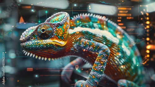 An augmented reality closeup of a chameleon blending into its hightech habitat