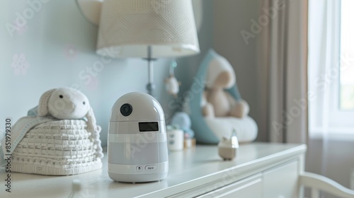 Baby monitoring camera and accompanying items on dresser next to baby bed with room for text Digital babysitter