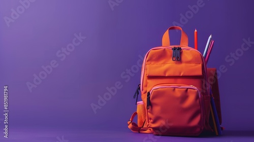 School supplies with a school backpack on a purple background with space to copy. The concept of "Ready for school".