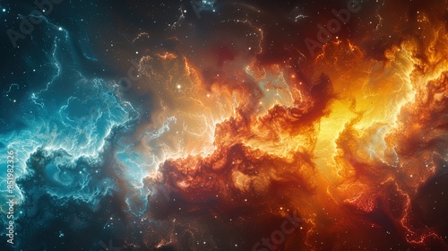 A colorful space scene with a blue and orange cloud