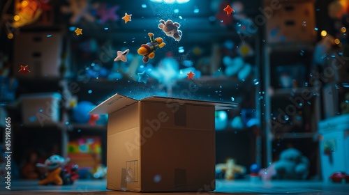Toys magically float above a cardboard box.