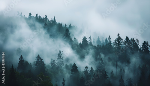 Moody forest with fog and mist