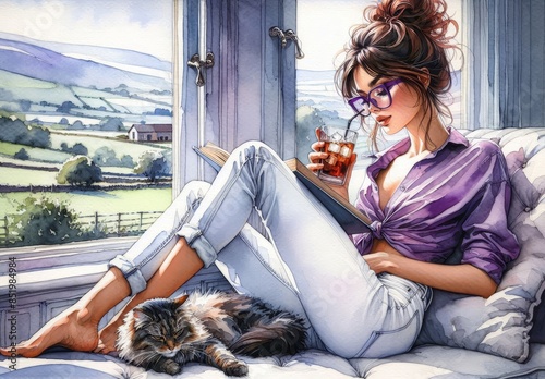 Woman with a book and tea by a window view - A faceless woman reads a book, sipping tea, with a lush countryside view and a cat by her side in a calm setting
