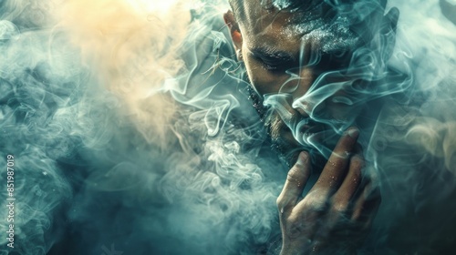 Man in Smoke with Thoughtful Expression. Generative ai.