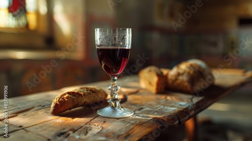 During Holy Communion in the church Christians participate in the symbolic ritual known as Taking Communion where a glass cup filled with red wine and bread are placed on a wooden table This