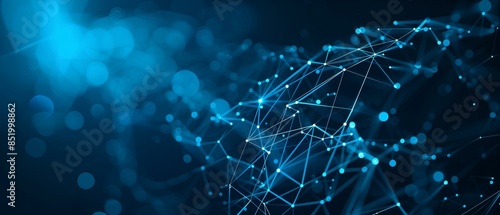 The image showcases an abstract background featuring glowing blue lines and a network of interconnected nodes. The composition highlights a dynamic and futuristic theme