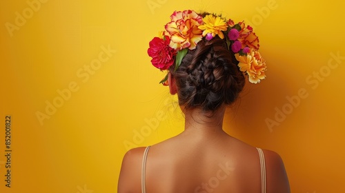 A stunning young woman wearing a flower wreath is captured from behind set against a vibrant yellow backdrop evoking the essence of the summer solstice