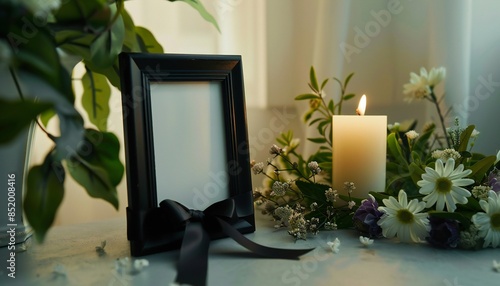 A photo frame with a black ribbon, a burning candle and a wreath of plastic flowers