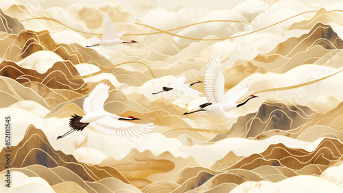 Golden Harmony: Mountains, Cranes, and Ancient Chinese Artistry