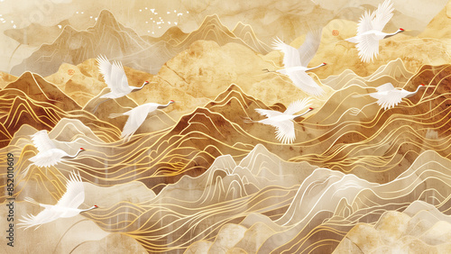 Golden Harmony: Mountains, Cranes, and Ancient Chinese Artistry