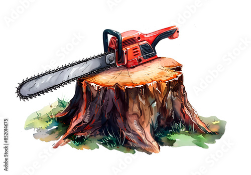 Tree with chainsaw, deforestation and habitat loss. Logging and land clearance. Work clear cutting for stock of building materials. Watercolor isolated illustration on transparent background