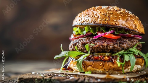 Mouth-watering burger with leafy greens, tomato, onion, and juicy beef patty in sesame seed bun