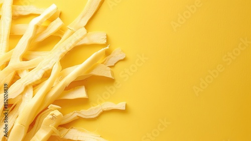 Strips of peeled cassava on yellow background