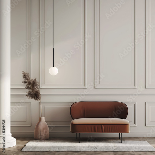 Aesthetic elegant modern luxury minimalist interior design. Living space of the apartment with mouldings on the walls. Copy space in the room. Neutral palette of natural colors.