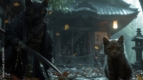 legendary cat ninja in black robes with young apprentice, nighttime setting, traditional temple backdrop, leaves falling