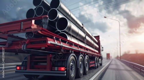 Concept of heavy delivery Truck carrying steel pipes for oil and gas industry