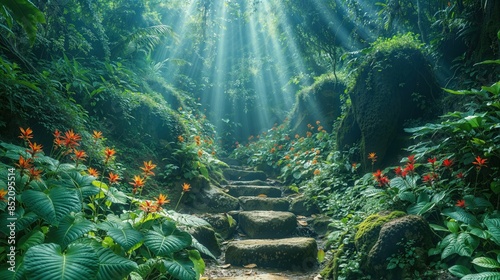 Uma escada natural em meio a natureza, seguindo a luz