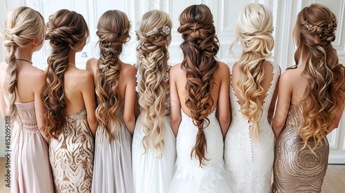 Seven bridesmaids with long braided hairstyles stand together in a line, facing away from the camera. They are wearing white and beige dresses, and their hair is styled in various intricate braids