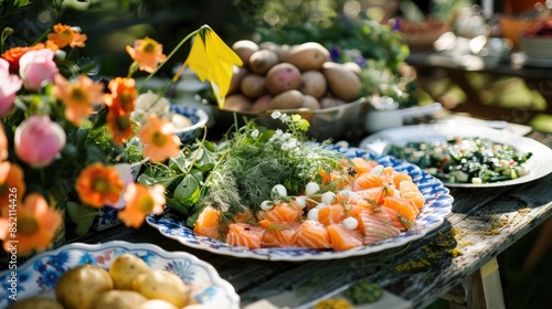 At an outdoor setting the Swedish midsummer solstice celebration featured a vibrant table adorned with a delectable spread a delightful salad comprising smoked salmon freshly boiled new pot